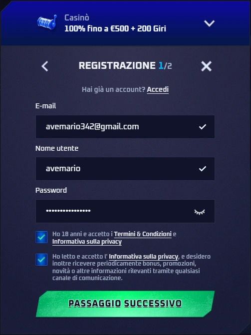 Modulo di registrazione Sportaza Casino